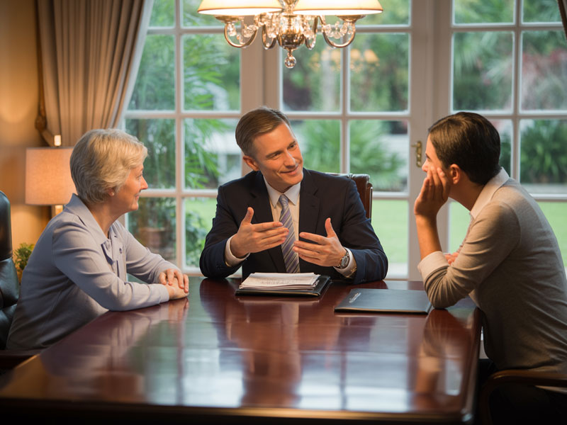 Three people sit around a polished table in a well-lit room with large windows, engaged in a serious discussion. One man gestures while speaking to the other two.