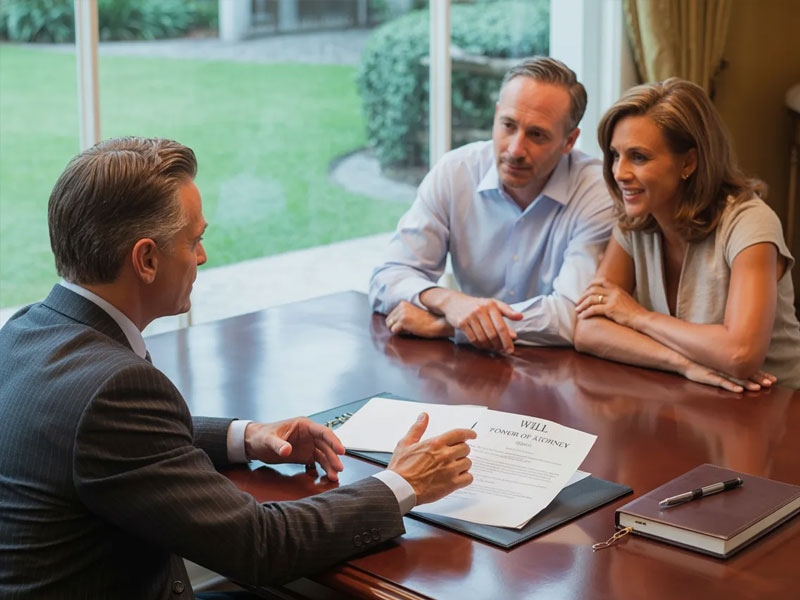 A man in a suit discusses a will and power of attorney document with a seated couple at a desk near a window.