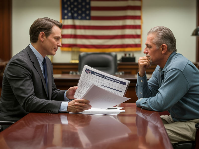 Two men sit across a table in an office with an American flag, discussing documents labeled "Department of Veterans Affairs.
