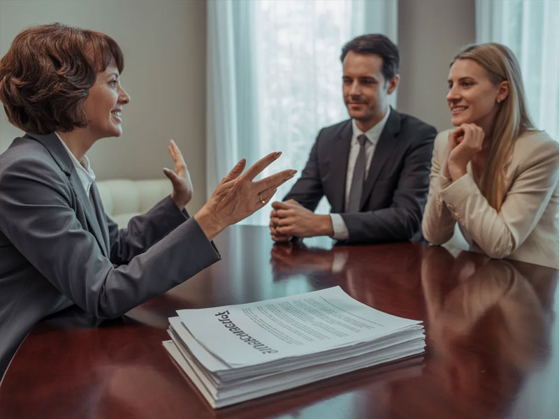 Three people in business attire sit at a table with a stack of paperwork labeled "agreement," engaged in a discussion in a bright office setting.