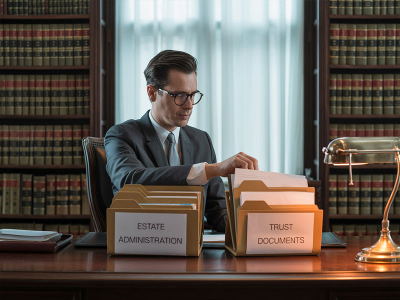 A man in a suit sits at a desk sorting through folders labeled "Estate Administration" and "Trust Documents" in a law office with bookshelves in the background.